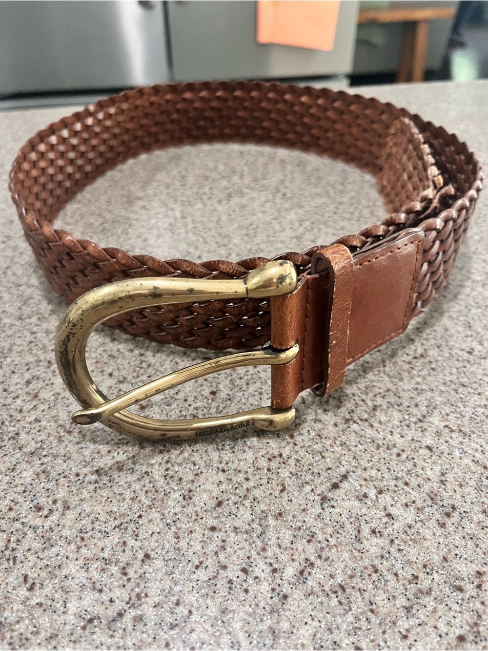 Michael Kors Wide Brown Bonded Leather Belt Brass Buckle Women’s Medium *Flaw